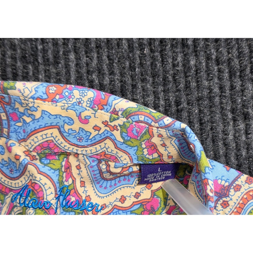Alan Flusser Button Down Shirt Large Blue Paisley Excellent Long Sleeve Cotton - Picture 9 of 12